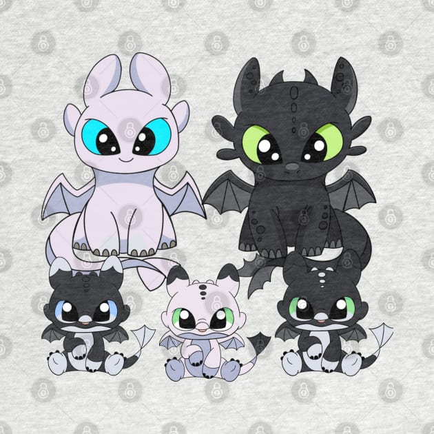 Family dragons, how to train your dragon Toothless & Light fury, night fury babies by PrimeStore